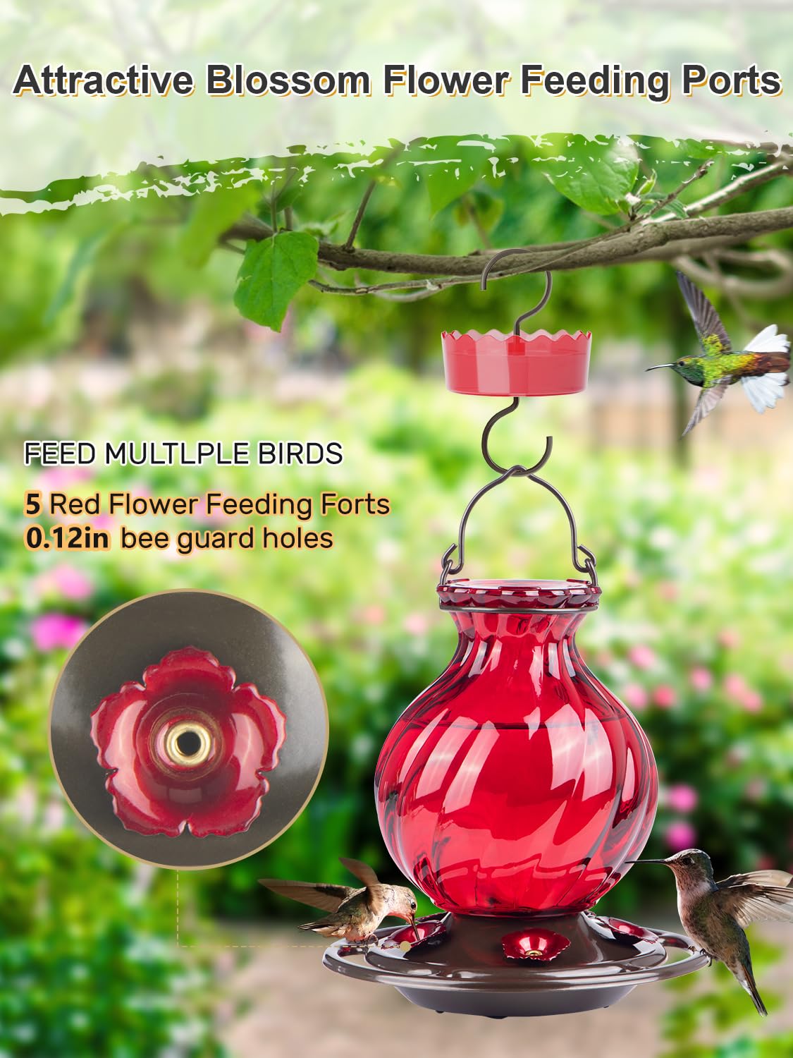 Auslar feeder includes a bee guard to deter nectar thieves.
