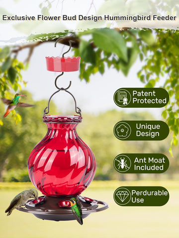 Auslar hummingbird feeder with five red flower ports attracts birds.