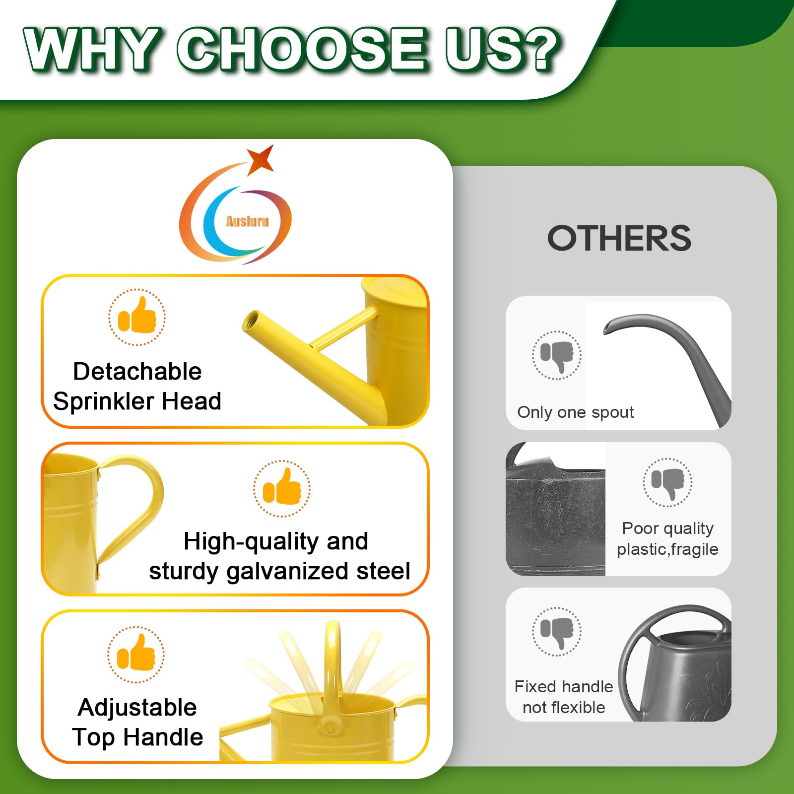 Ausluru yellow ergonomic handle improves comfort during watering.