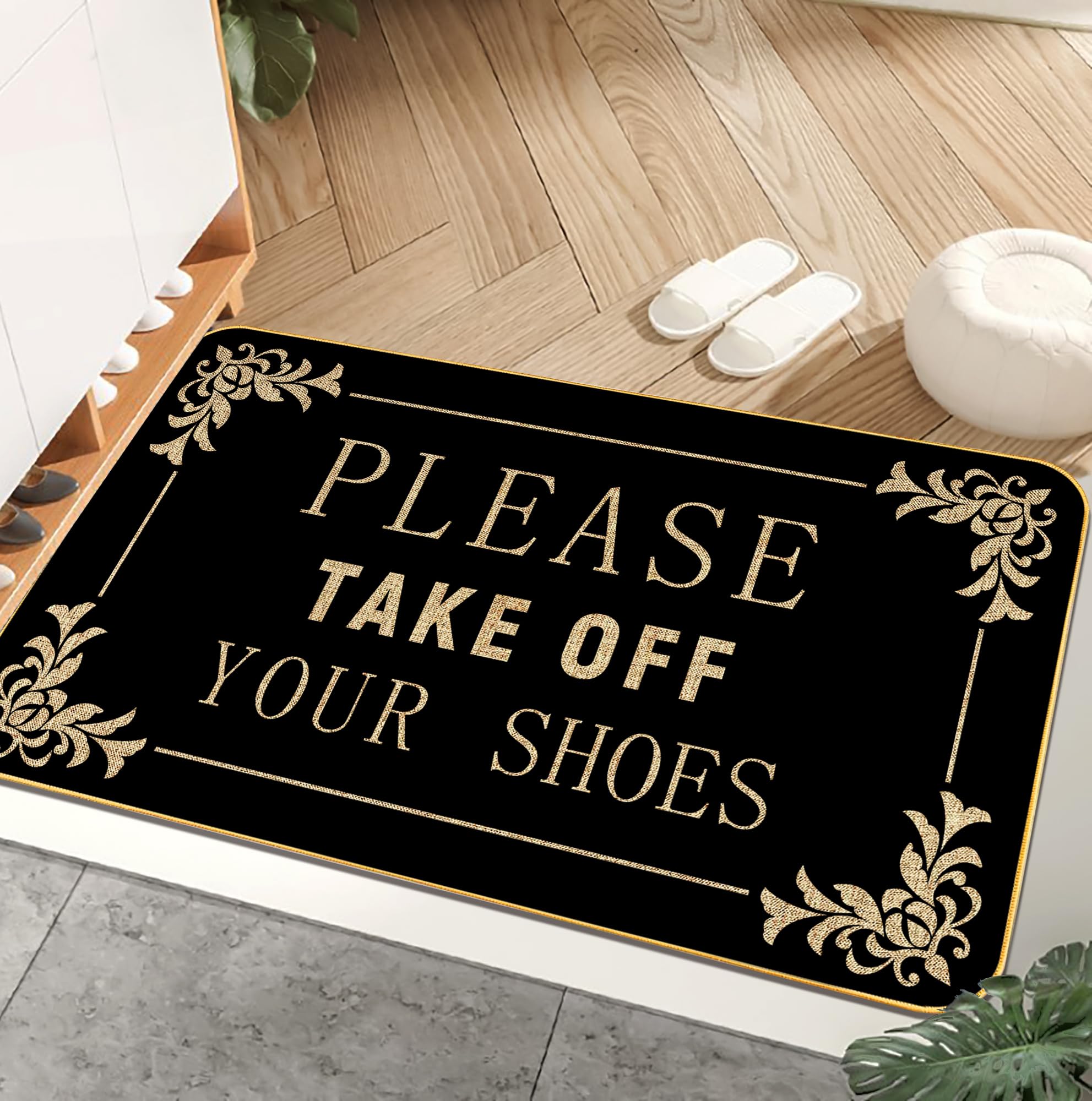 AUSTAB funny welcome mat at the front door, shoes-off message