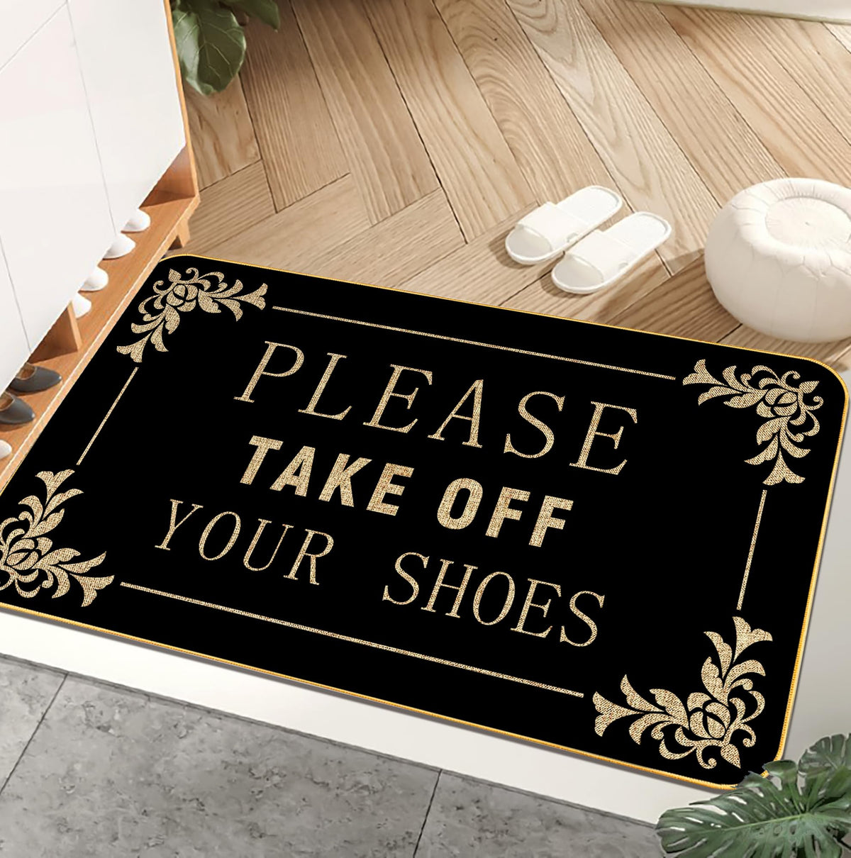 AUSTAB funny welcome mat at the front door, shoes-off message