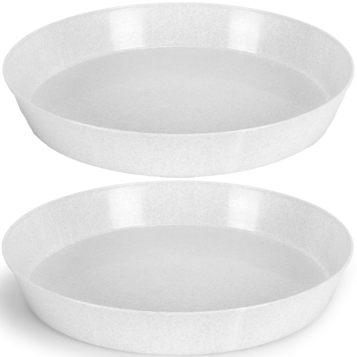 Austin Planter 16in saucer in white granite, front view protects surfaces from water rings.