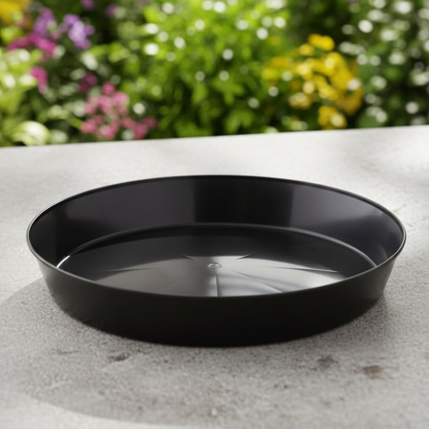 Austin Planter round saucer with tall sides helps excess water drain away