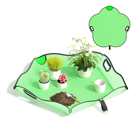 Austion Repotting Mat 29x29 overall setup provides a tidy indoor transplanting space.