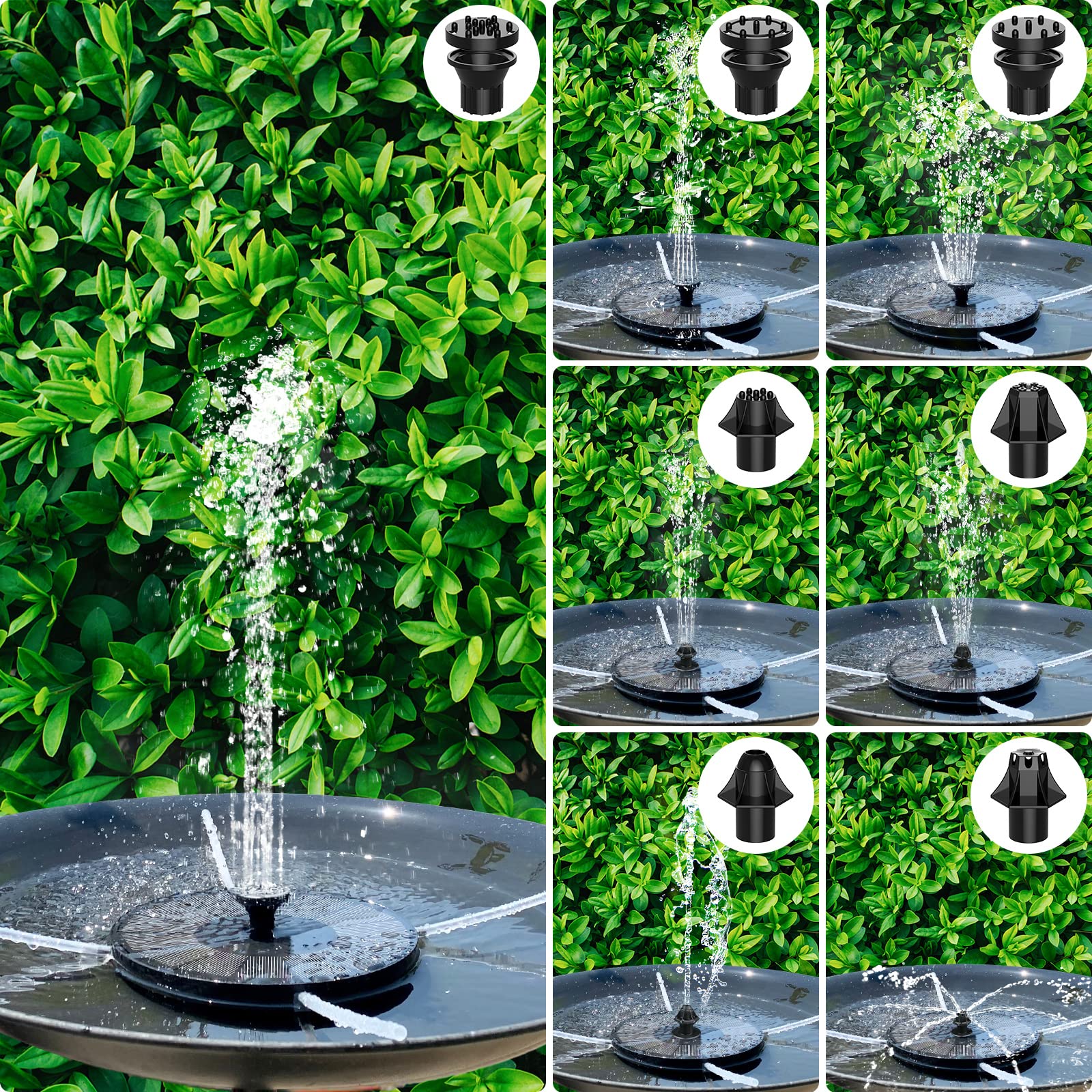 AUTGA solar fountain nozzle set showing eight tips for diverse sprays and effects.