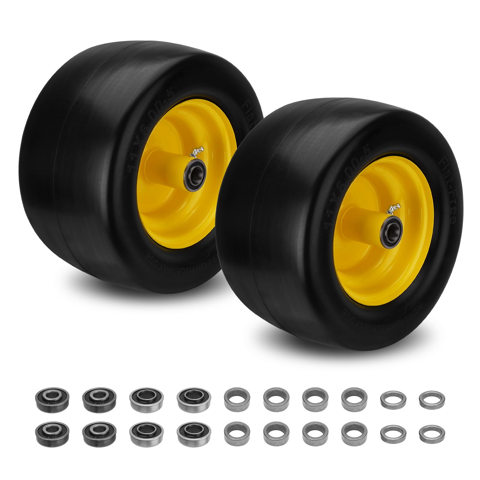 Autobaba 11x6 flat-free tire assembly, front view for stable zero-turn mowing.