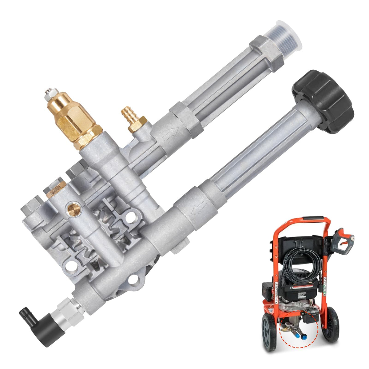 AUTOBABA pump head assembly close-up showing durable aluminum construction