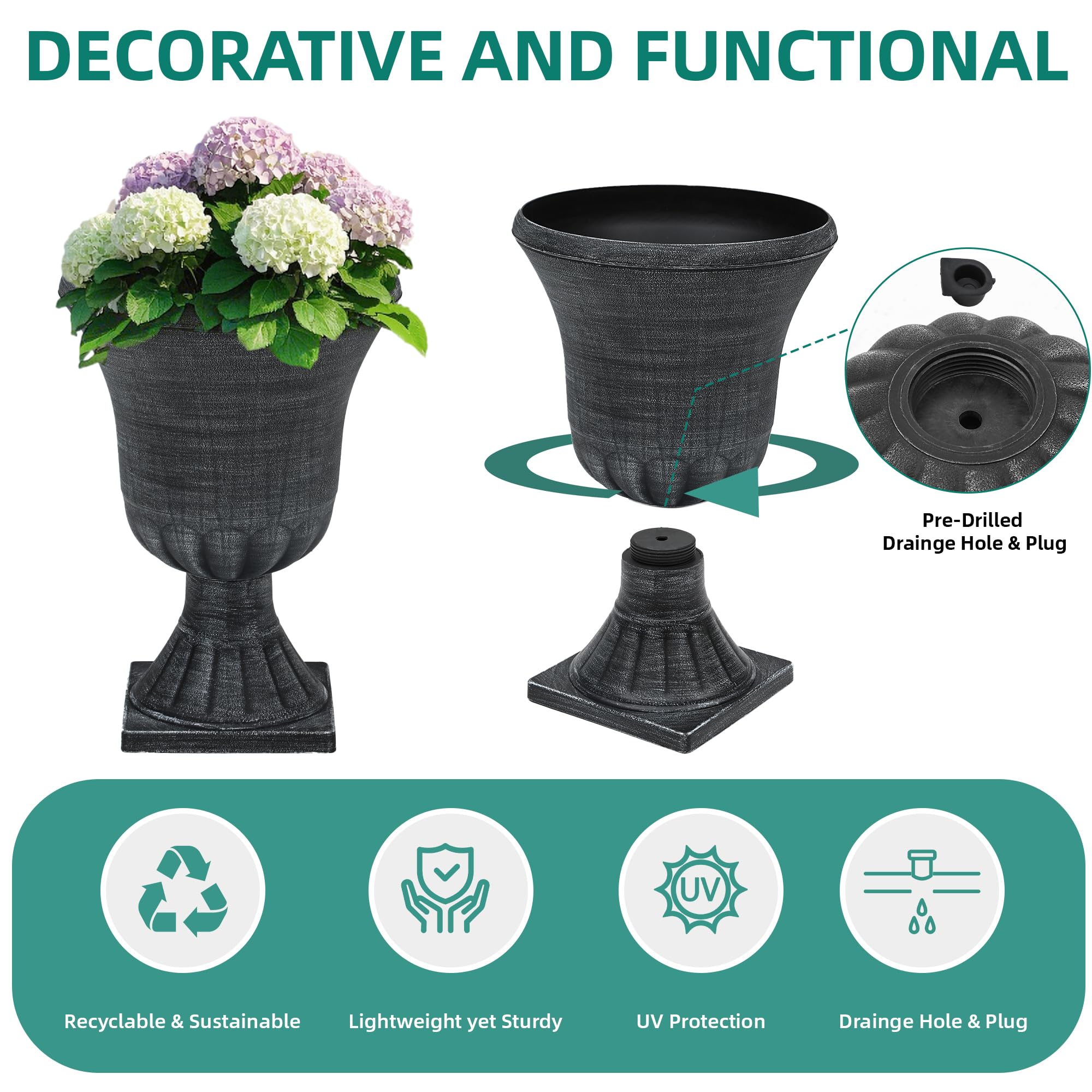Autodaya 22\" urn planter washed-black finish; elegant texture suitable for indoor and outdoor spaces.