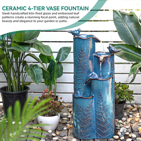 Cascading water from top to lower basins creates a soothing outdoor soundtrack.