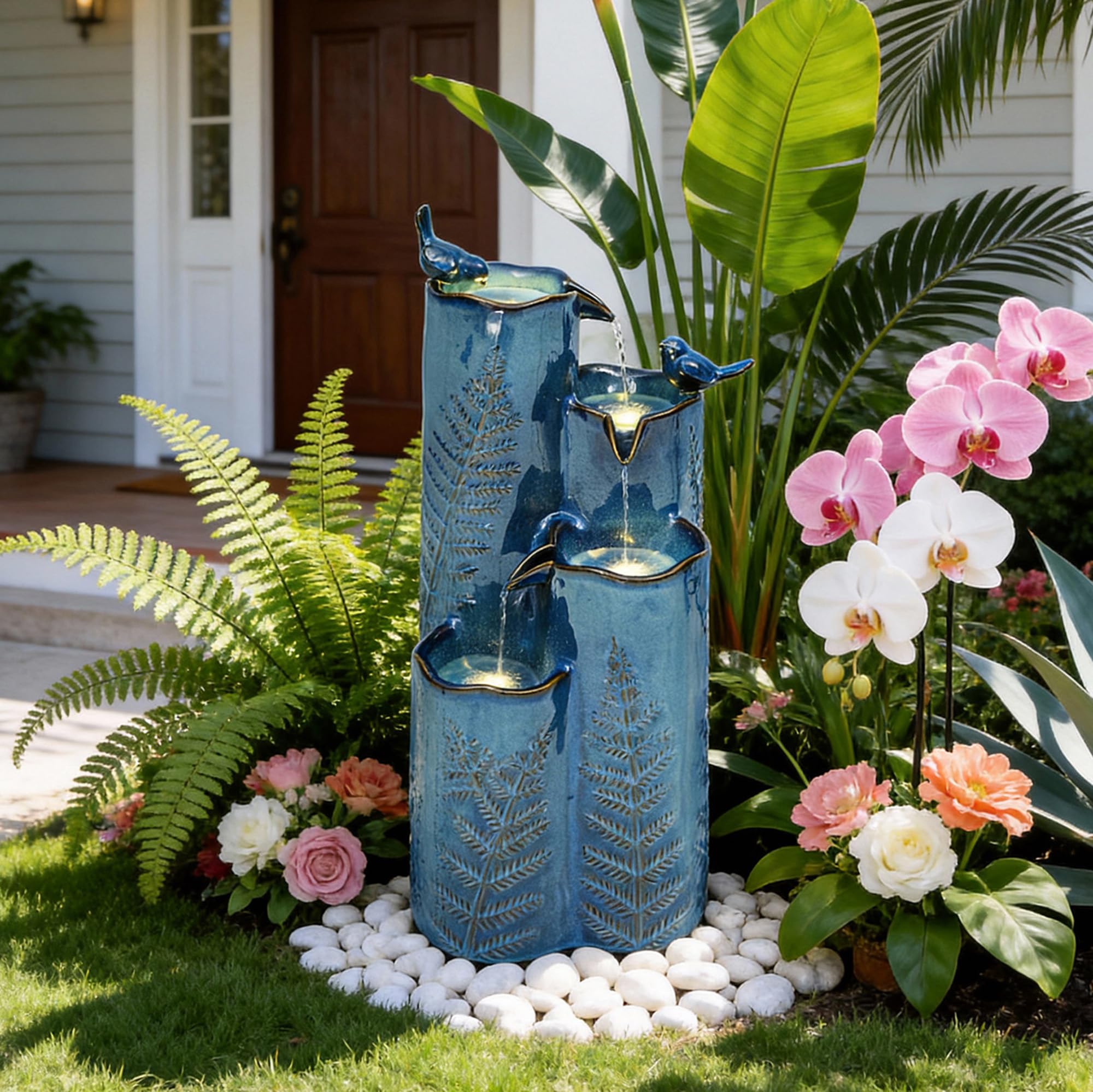 Warm LED glow after dusk enhances nighttime ambiance in outdoor spaces.