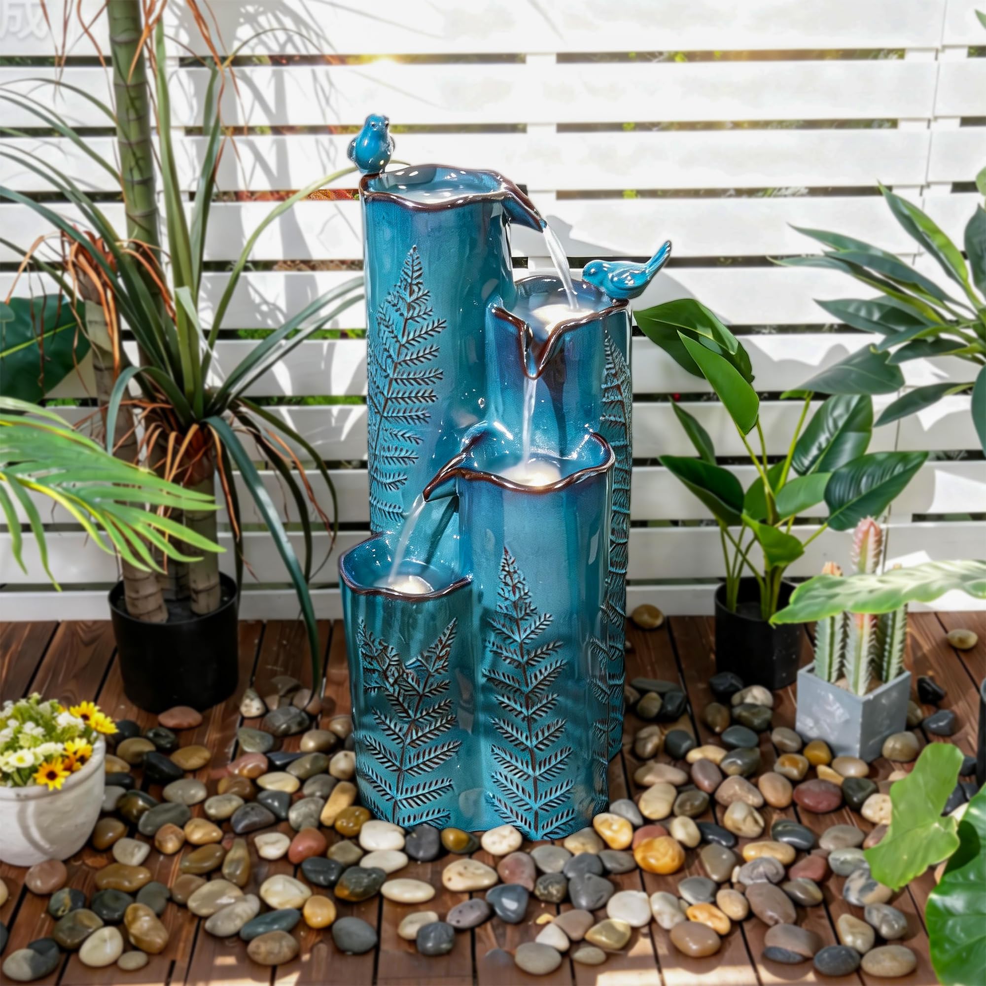 Weather-resistant ceramic construction stands up to outdoor conditions with minimal care.