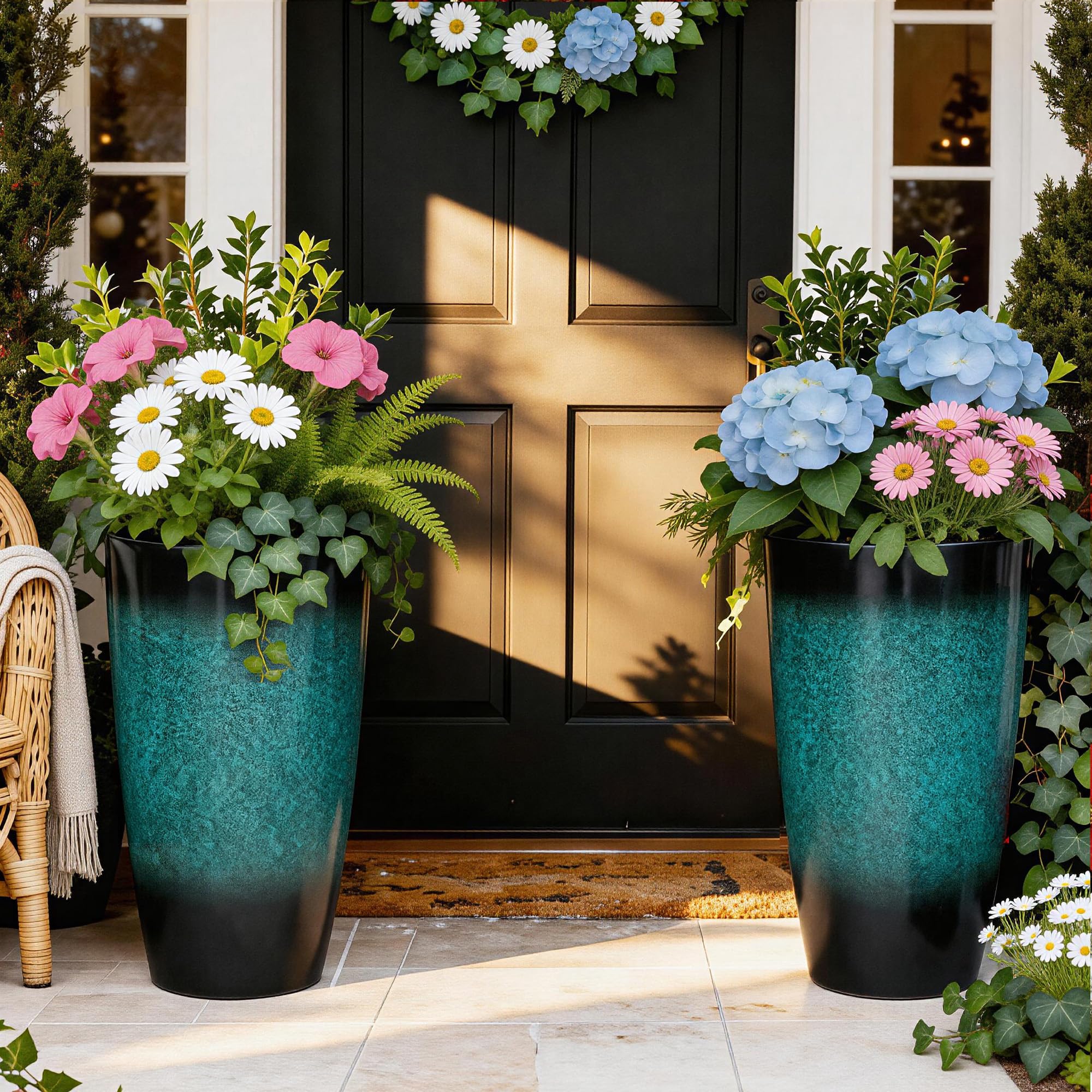 Autodaya ceramic-look planter gradient turquoise, side view, enhancing balconies with color and texture.