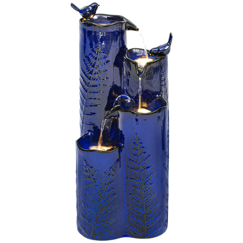 Autodaya ceramic fountain cobalt blue glaze close-up highlights kiln-fired finish