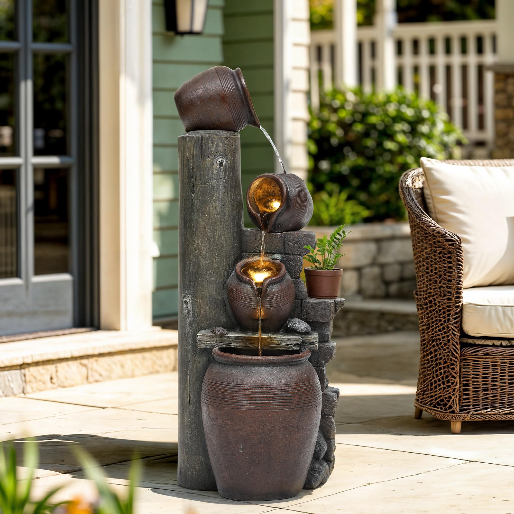 Autodaya farmhouse-style water fountain with warm LED lights for evenings