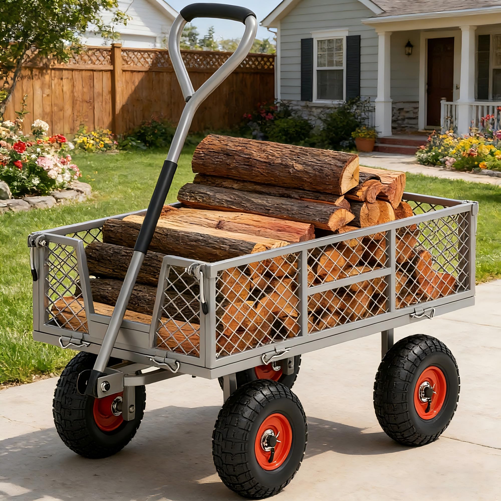 Autodaya heavy-duty cart with 900 lb capacity and rugged tires for yard hauling.