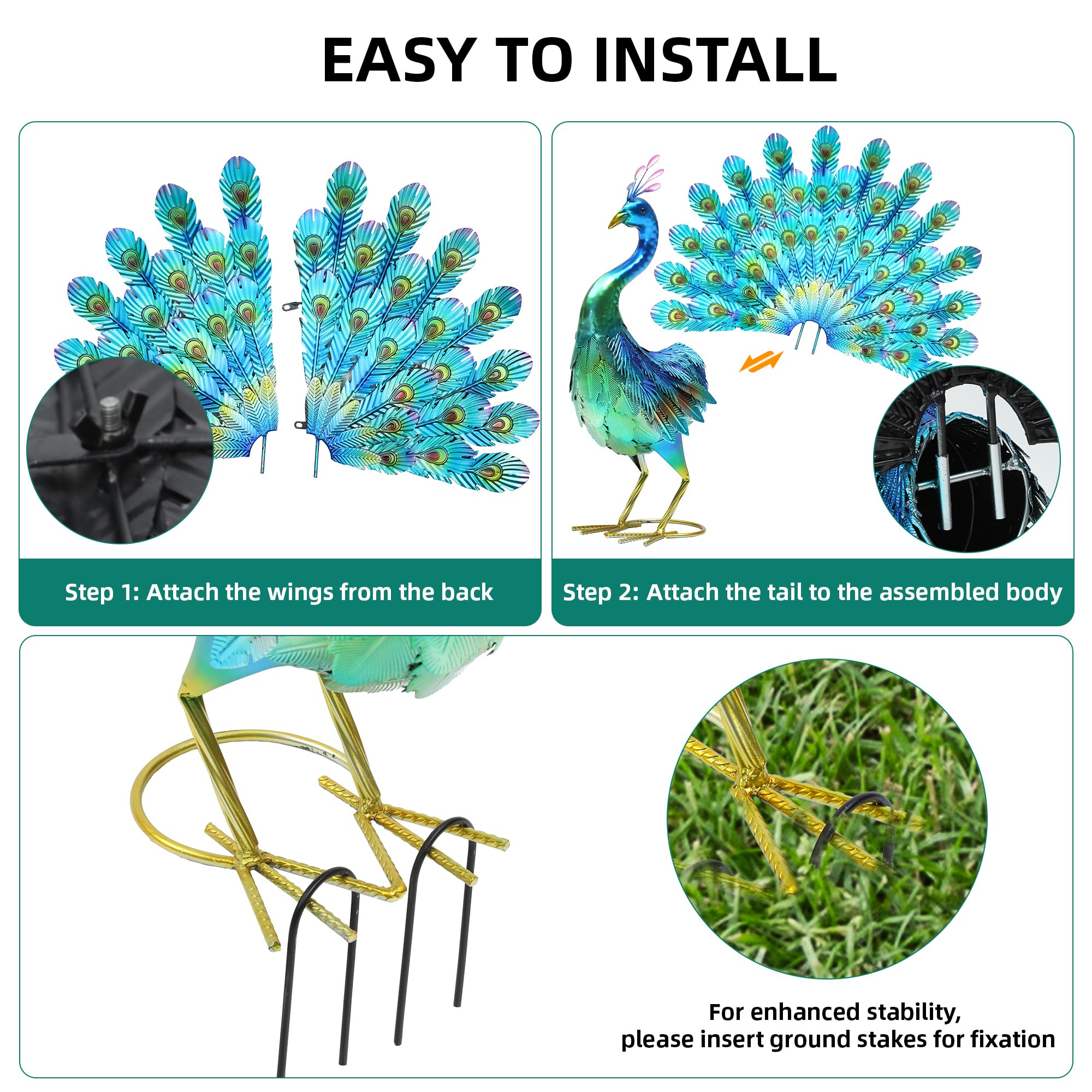 Autodaya iron peacock garden statue complements outdoor decor with timeless metallic finish.