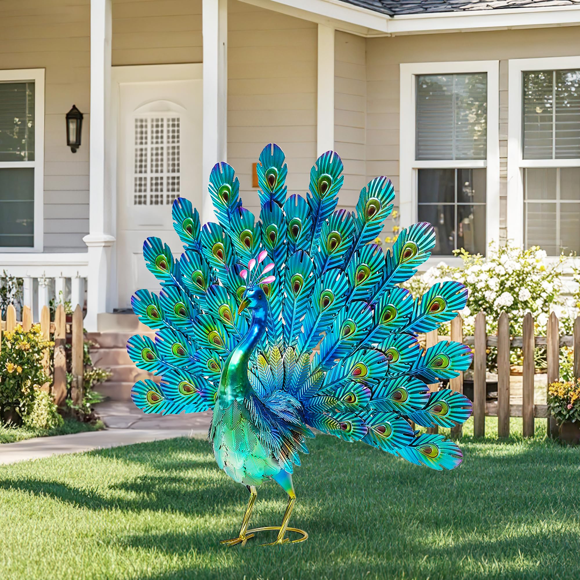 Autodaya metal peacock yard art with ground stake stays secure in any weather.