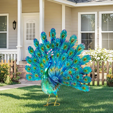 Autodaya metal peacock yard art with ground stake stays secure in any weather.