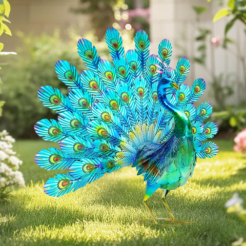 Autodaya peacock garden statue with tail spread adds dramatic curb appeal.