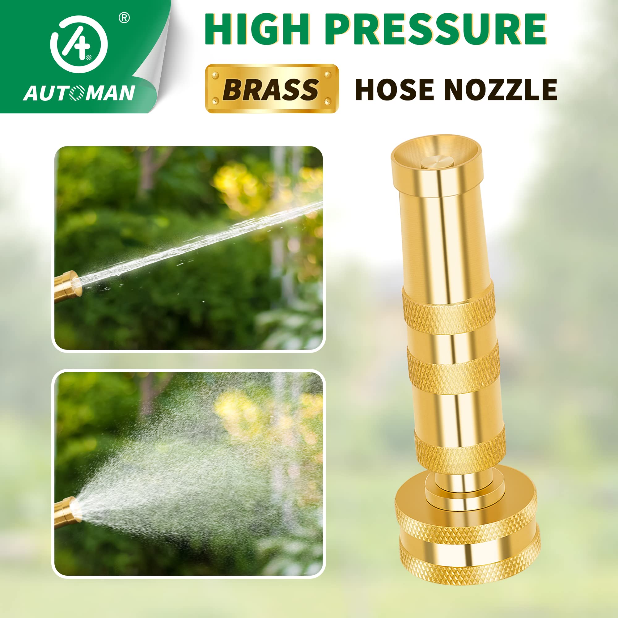 AUTOMAN Brass Hose Nozzle ideal for patio, car wash, and garden cleaning tasks.