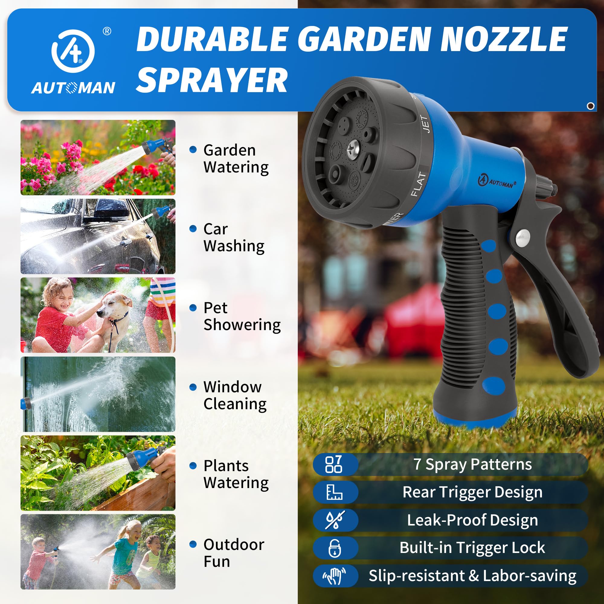 AUTOMAN nozzle ideal for washing cars, pets, and outdoor spaces.