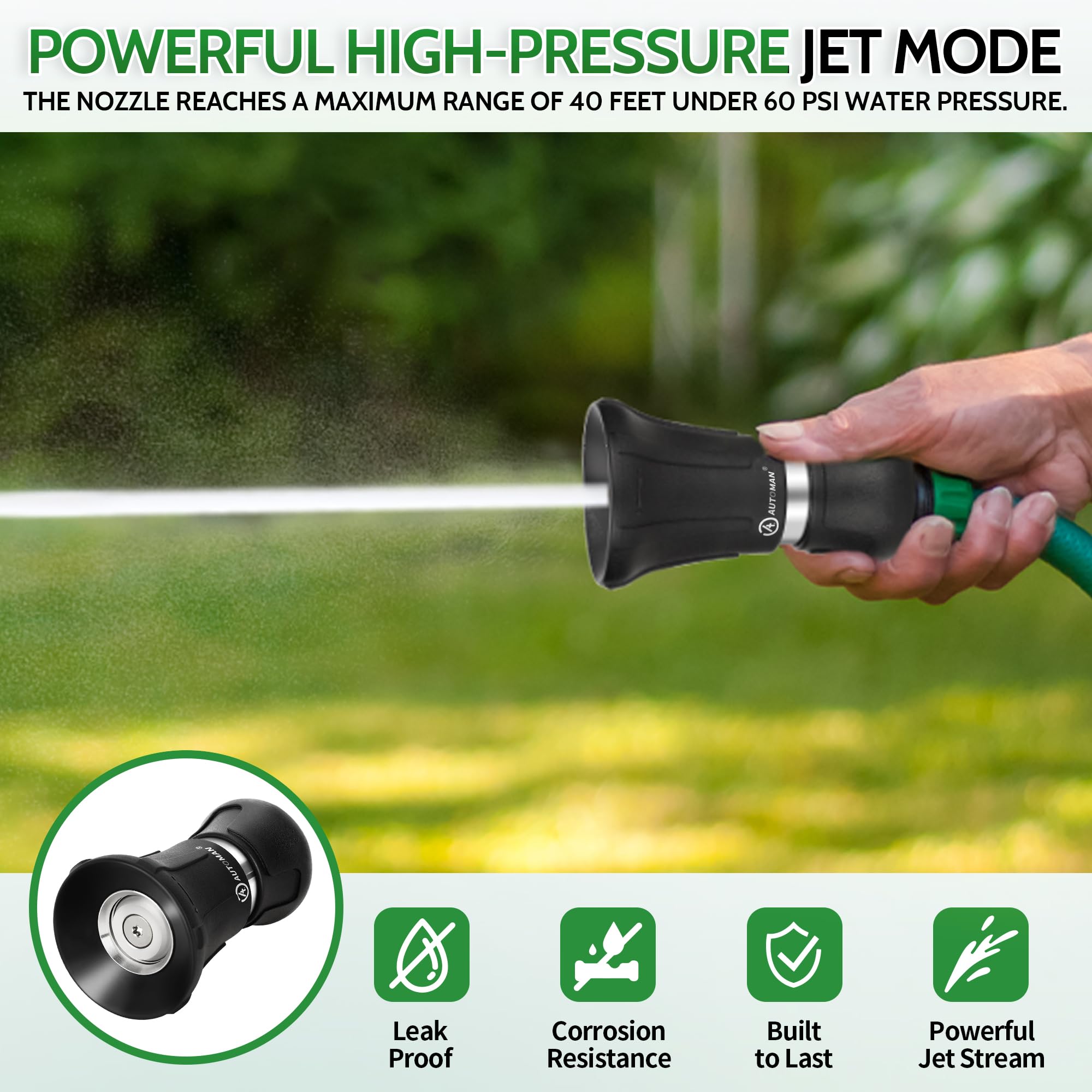 AUTOMAN nozzle washing car with precise mist and jet options.