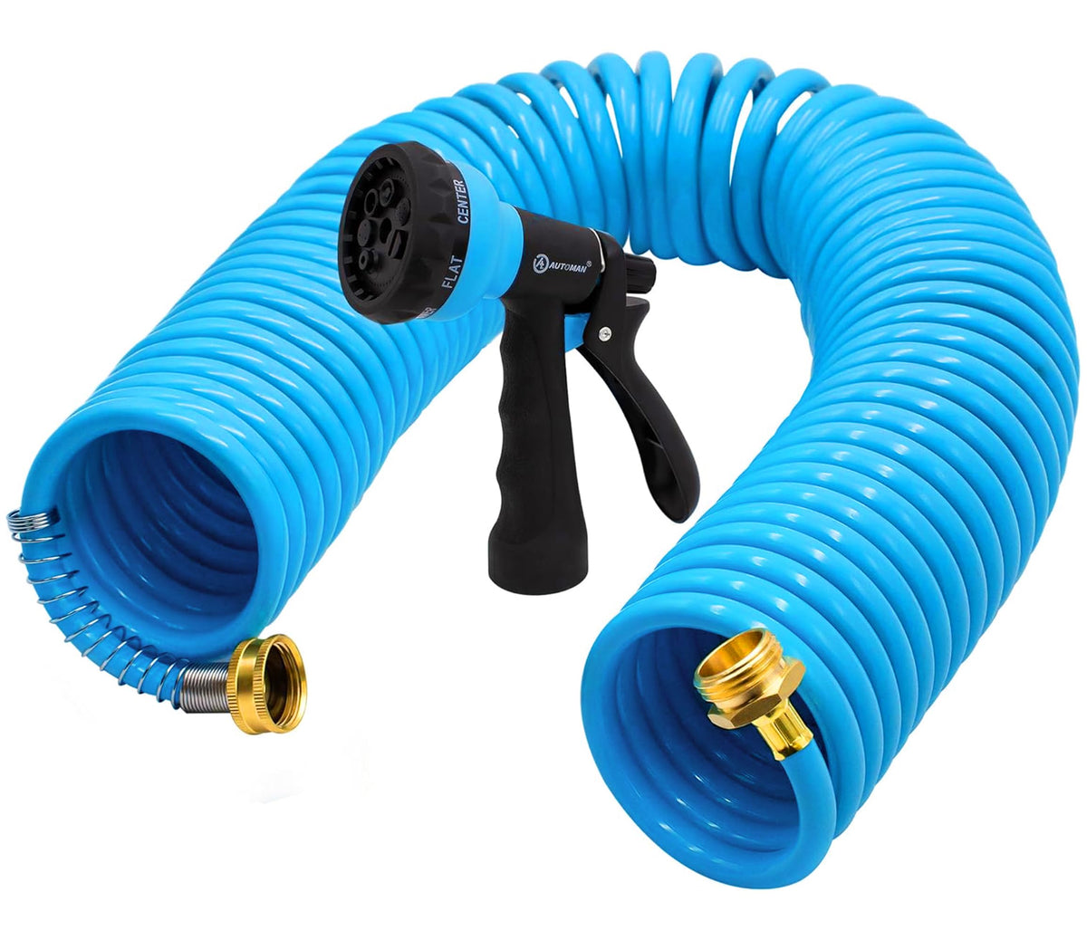 AUTOMAN coil garden hose 50ft showing easy expansion for effortless watering.