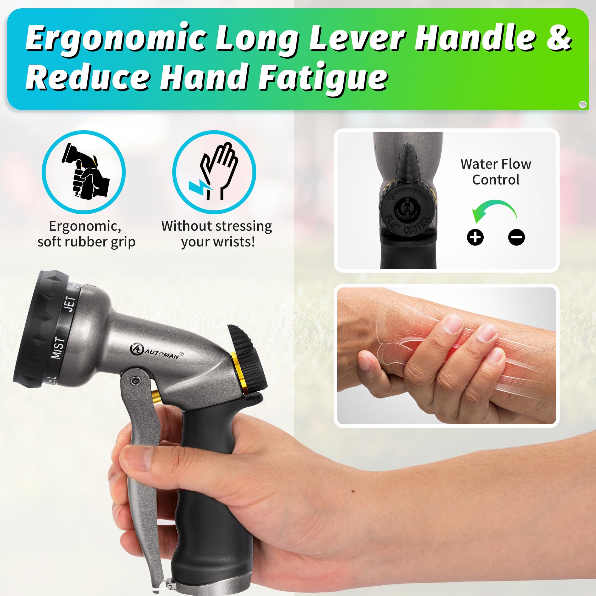 AUTOMAN ergonomic lever and lock reduce fatigue during extended watering