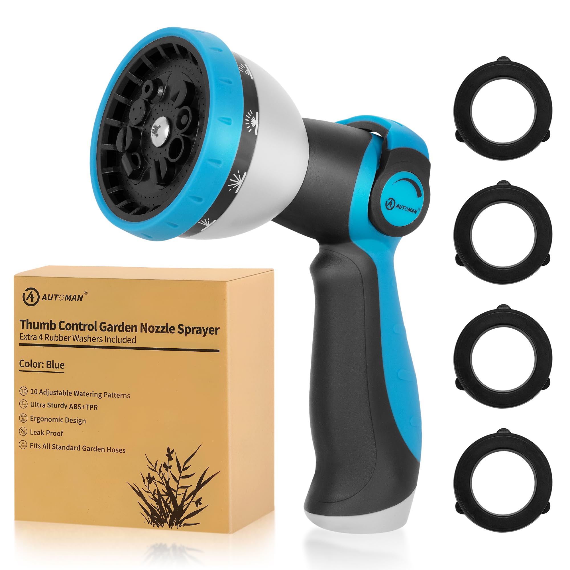 AUTOMAN Garden Hose Nozzle showcasing 10-pattern spray options for plants and cars.