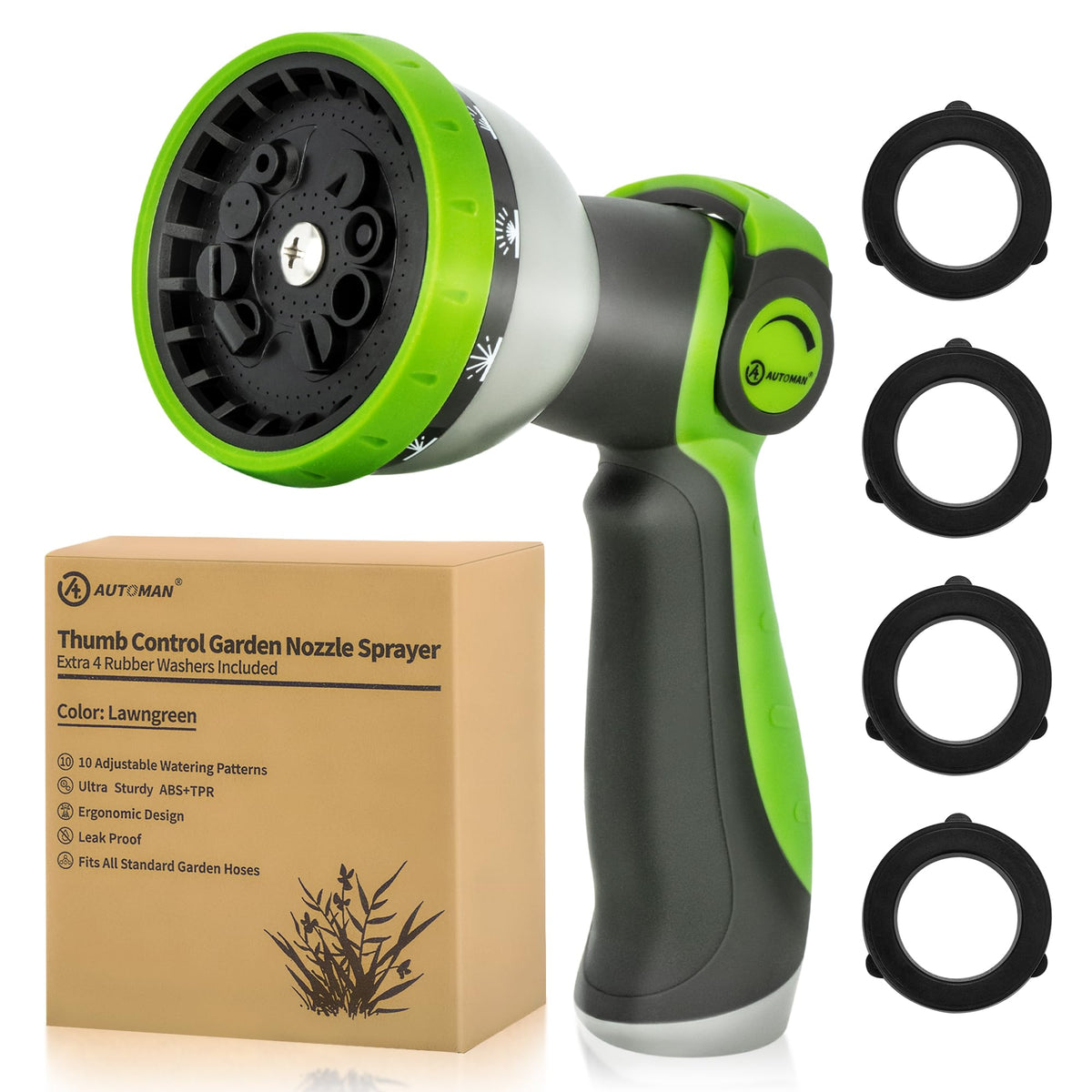 AUTOMAN garden hose nozzle showing ten spray patterns for versatile watering and cleaning tasks.