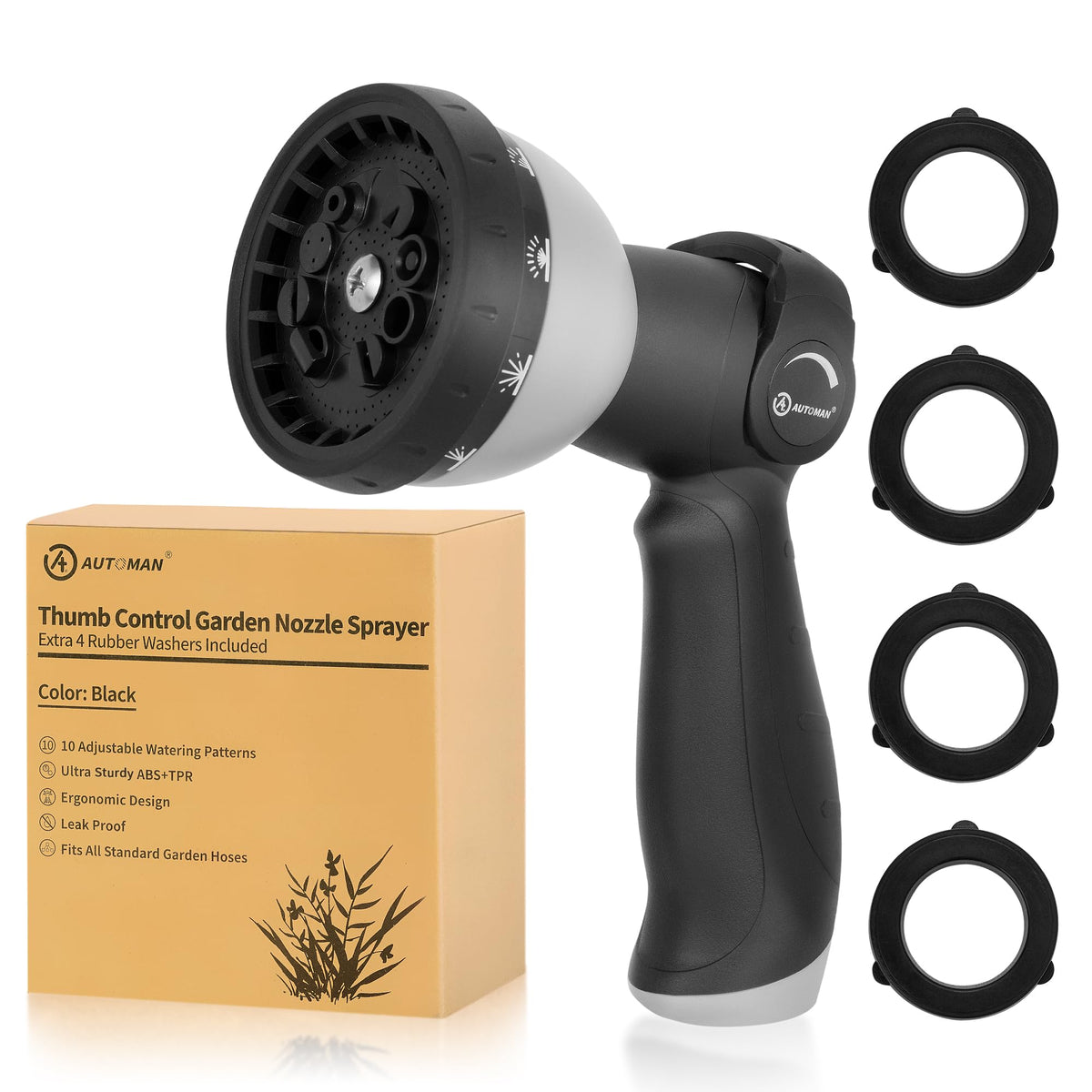 AUTOMAN garden hose nozzle with ten spray patterns for versatile watering tasks.