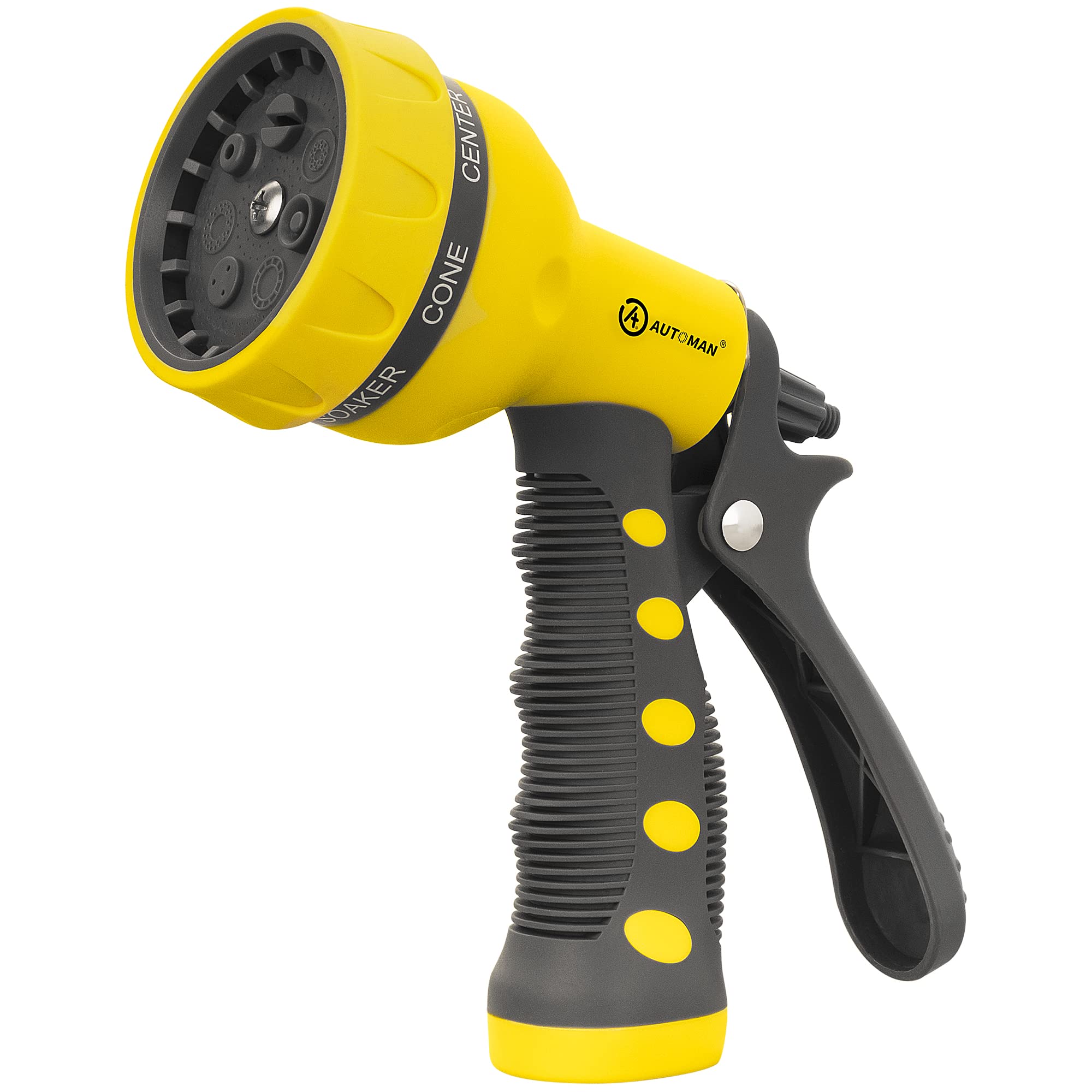 AUTOMAN garden hose nozzle with seven patterns for versatile watering tasks.