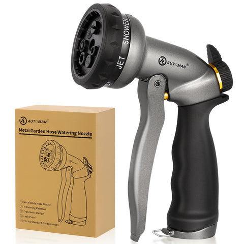AUTOMAN garden hose nozzle with seven spray patterns for versatile watering