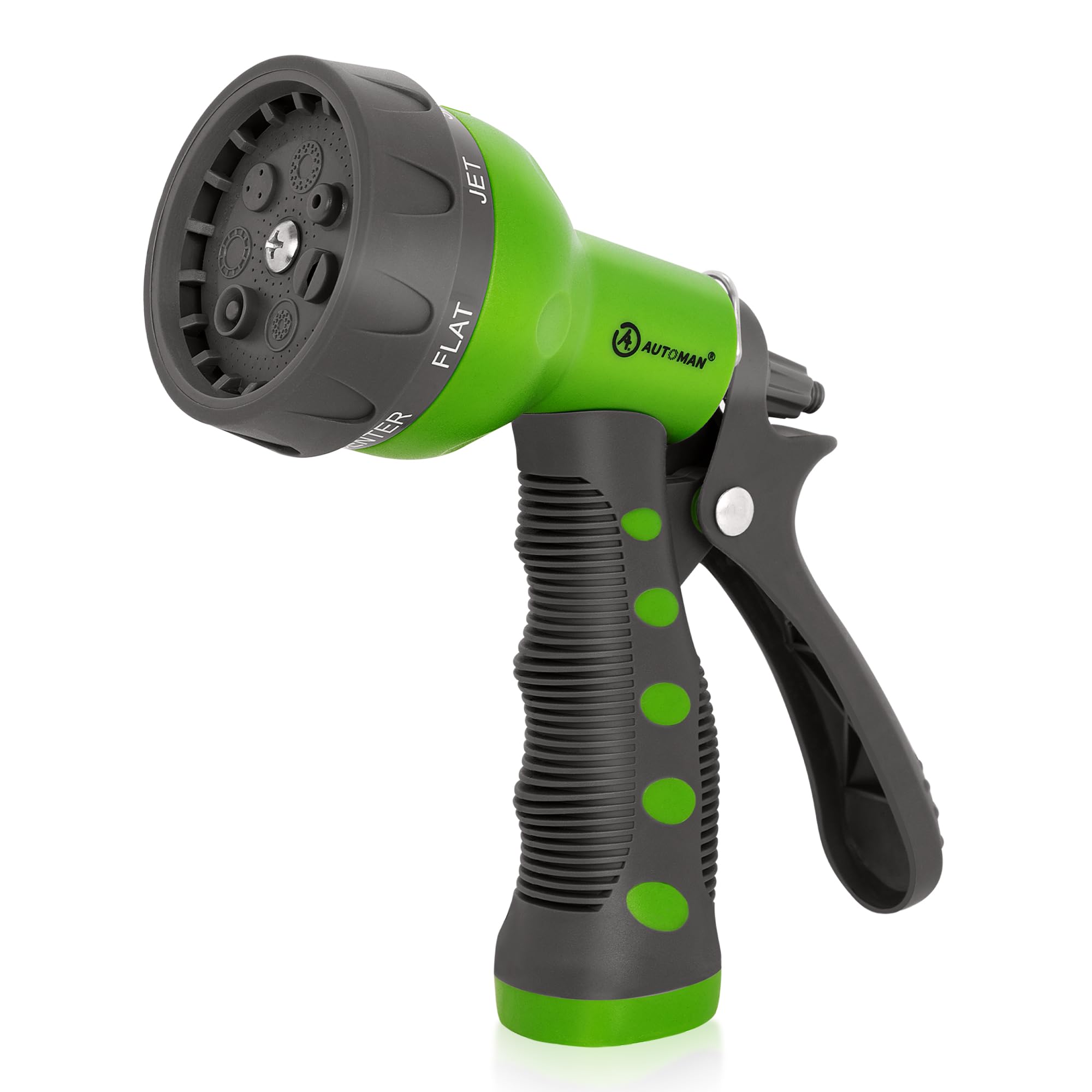 AUTOMAN garden hose nozzle with 7 patterns for versatile watering and cleaning tasks.