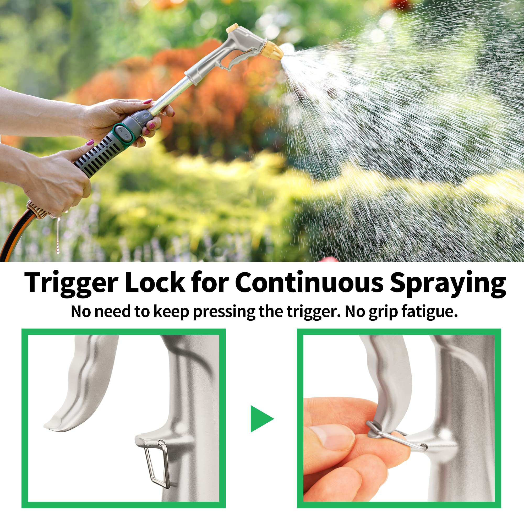 AUTOMAN ergonomic handle offers comfortable grip for extended watering sessions.