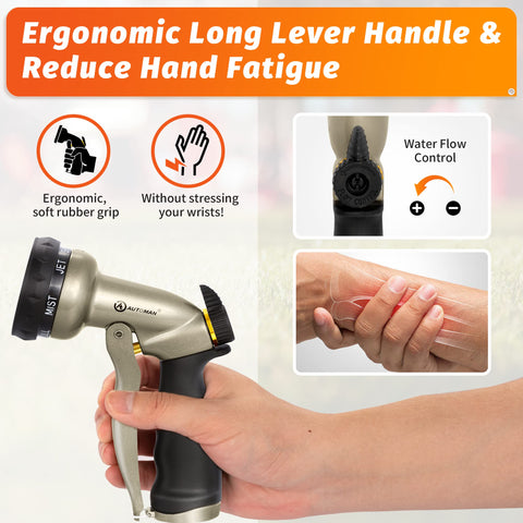 AUTOMAN garden hose nozzle flat pattern for wide area watering and rinsing.