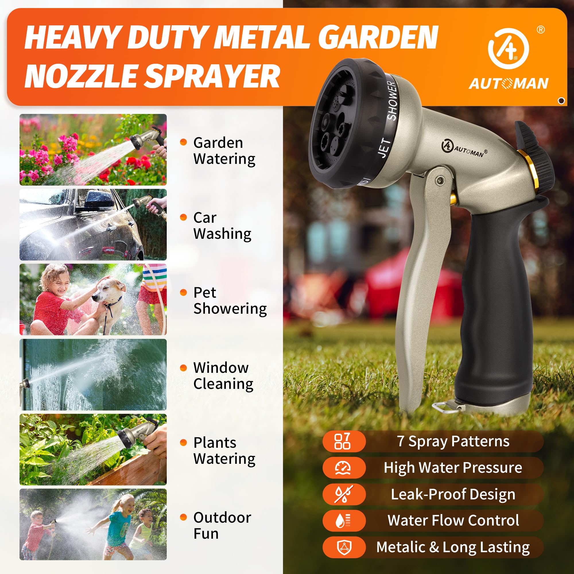 AUTOMAN garden hose nozzle full pattern for broad spray coverage.