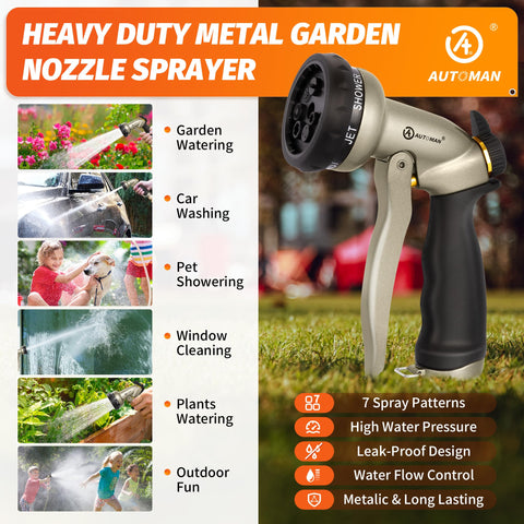 AUTOMAN garden hose nozzle full pattern for broad spray coverage.