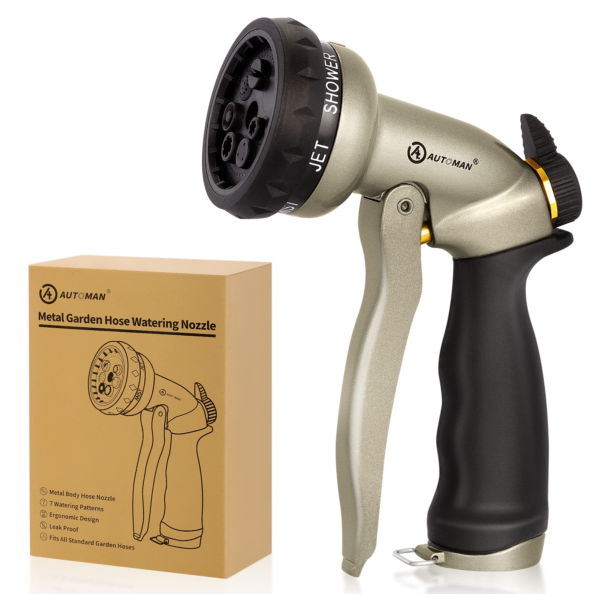 AUTOMAN garden hose nozzle jet pattern for powerful cleaning on driveways and cars.