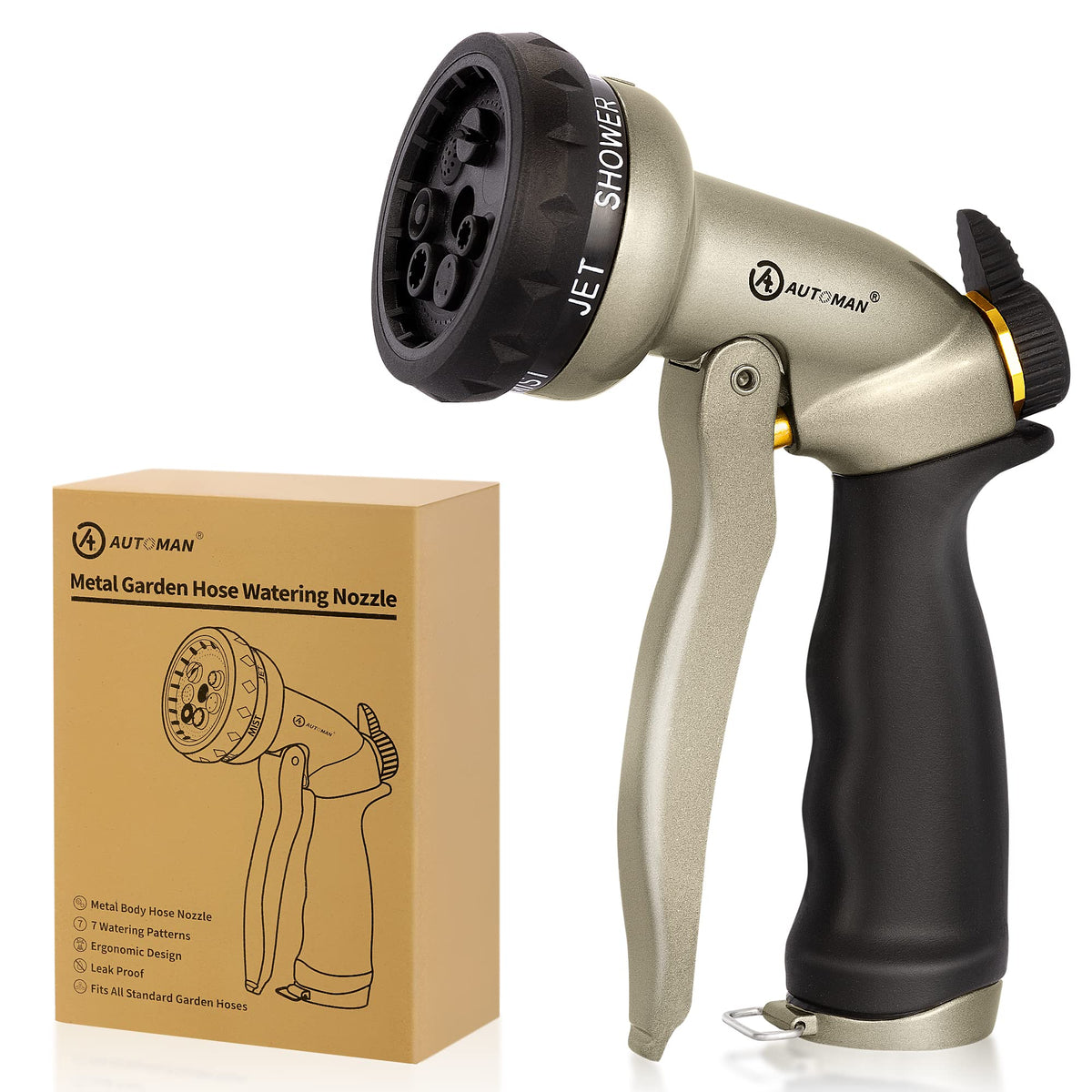 AUTOMAN garden hose nozzle jet pattern for powerful cleaning on driveways and cars.
