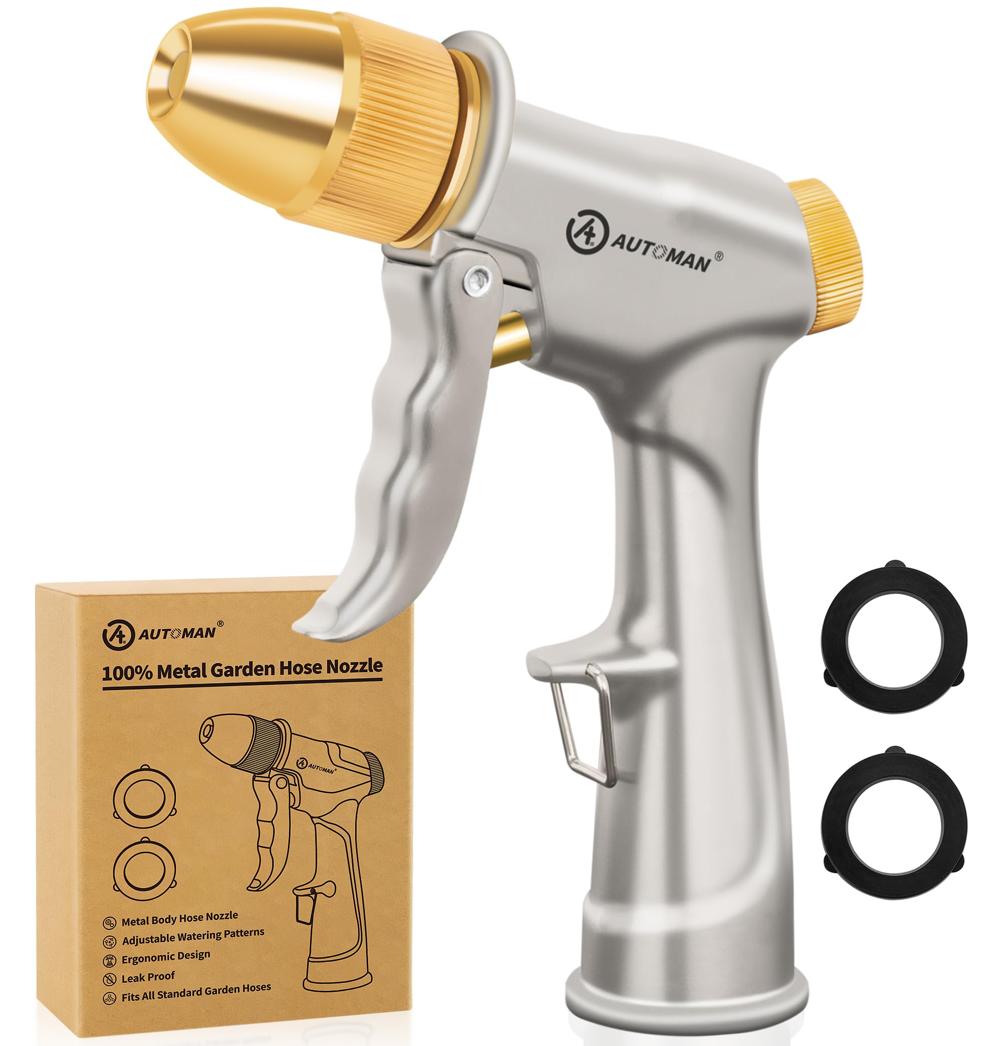 AUTOMAN garden hose nozzle demonstrates durable metal construction for outdoor use.