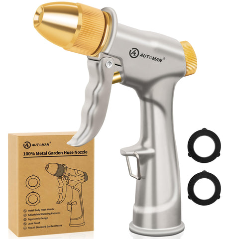 AUTOMAN garden hose nozzle demonstrates durable metal construction for outdoor use.
