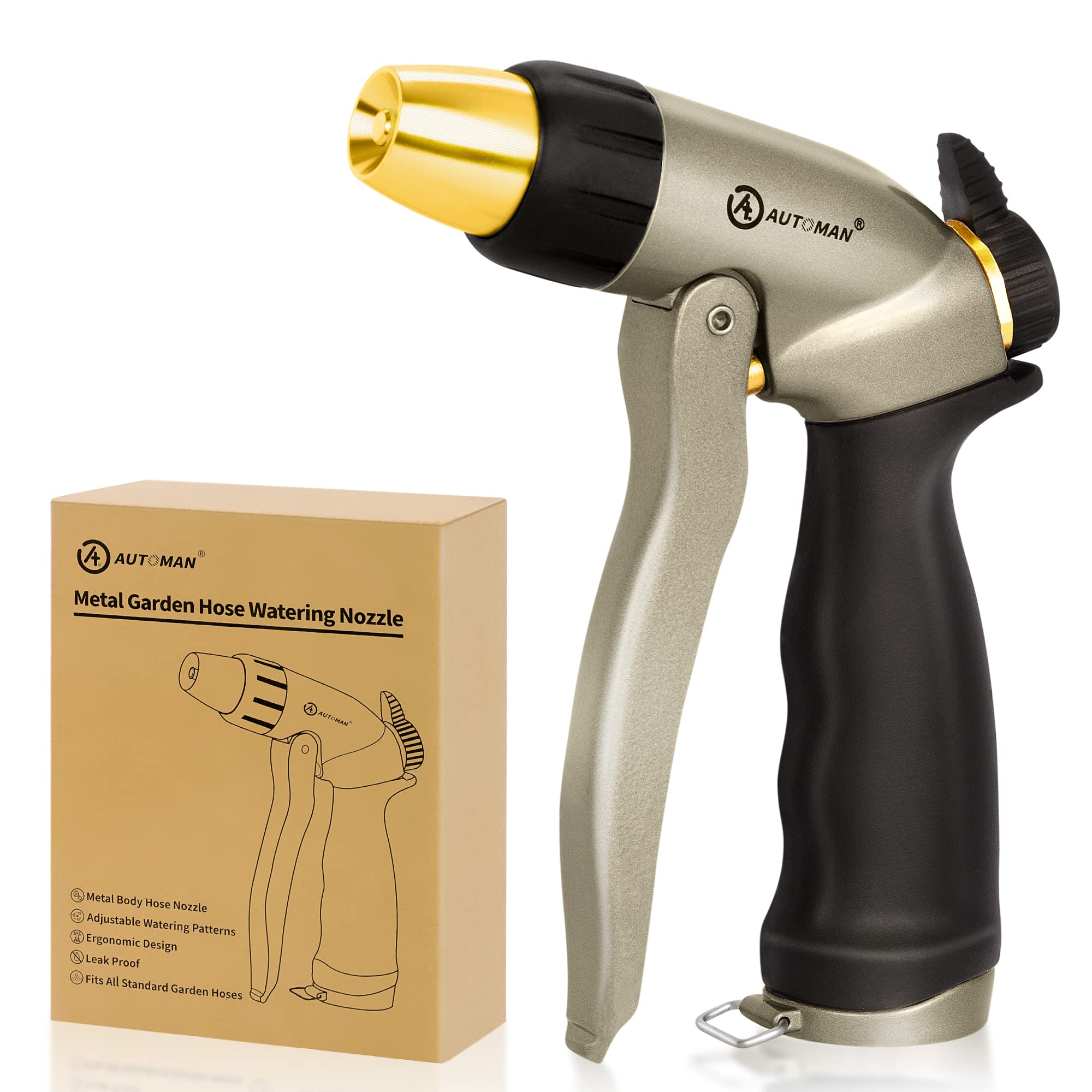 AUTOMAN garden hose nozzle with metal construction for durable outdoor watering.