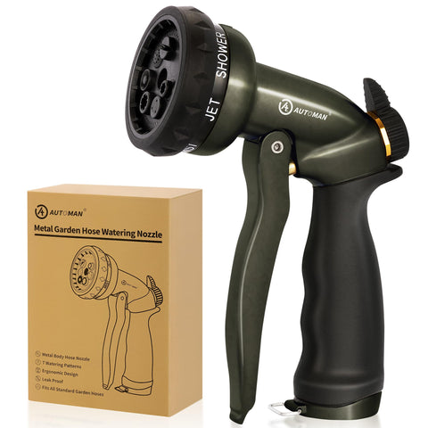AUTOMAN garden hose nozzle shows durable metal construction for long-lasting use.