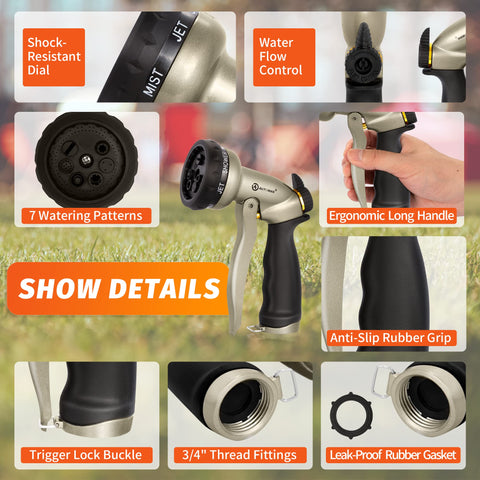 AUTOMAN garden hose nozzle mist pattern for even irrigation of seedlings and patios.
