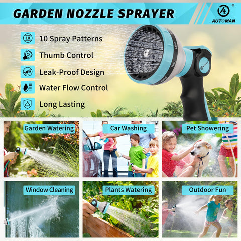 AUTOMAN garden nozzle showing 10 patterns for versatile watering