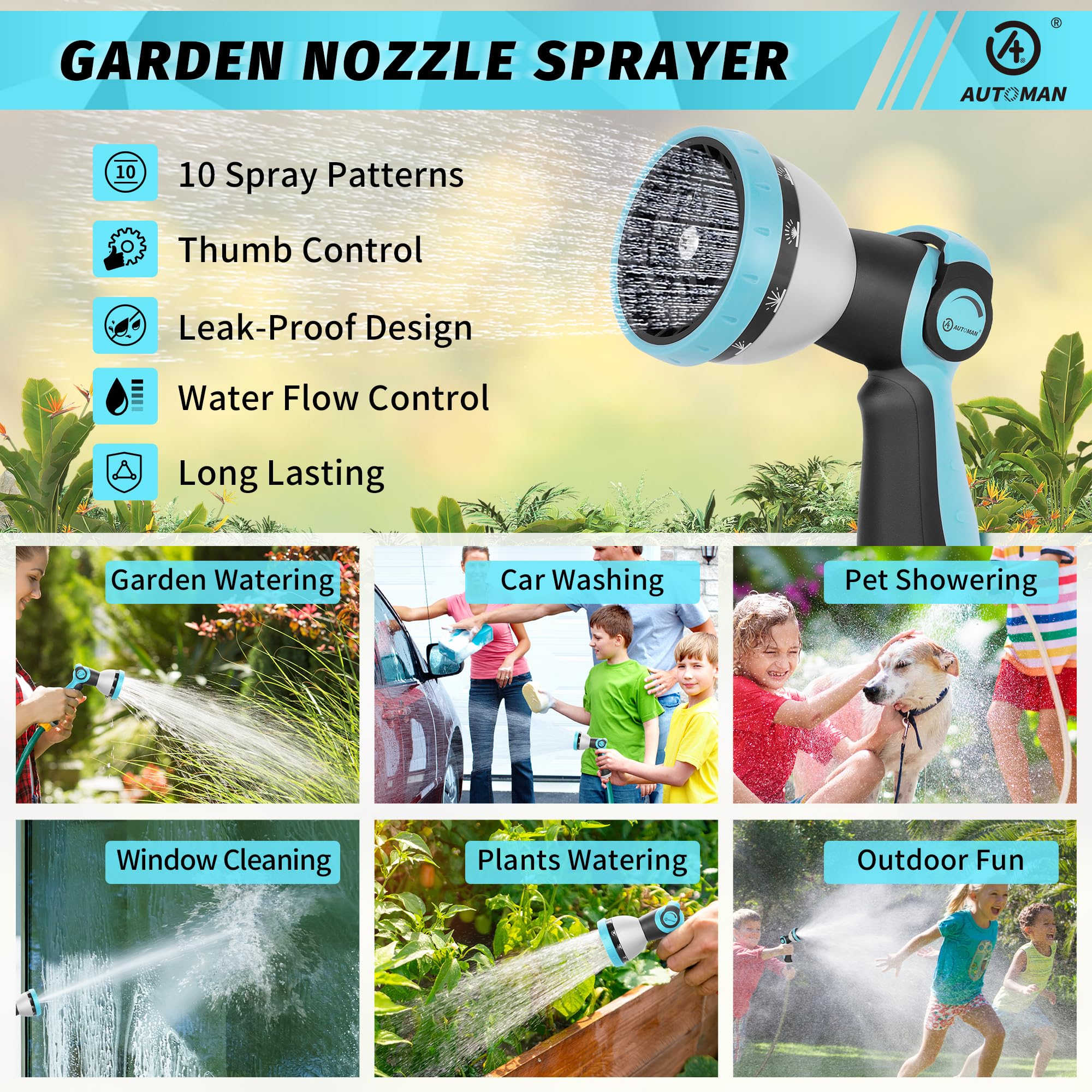 AUTOMAN nozzle head showing 10 spray patterns for versatile watering.
