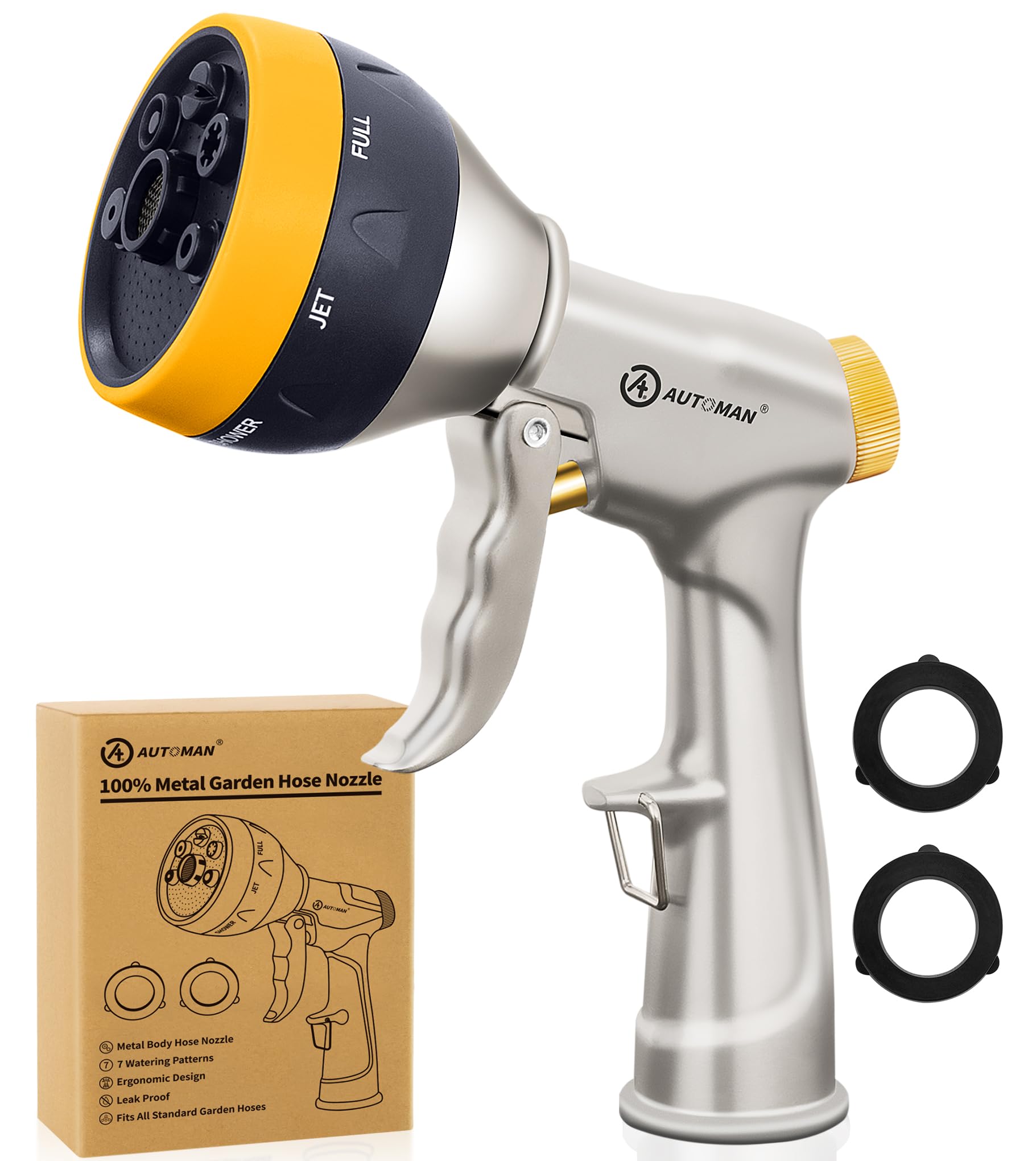 AUTOMAN garden nozzle showcasing durable 100% metal construction for watering tasks.
