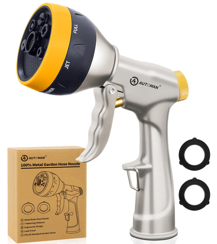 AUTOMAN garden nozzle showcasing durable 100% metal construction for watering tasks.