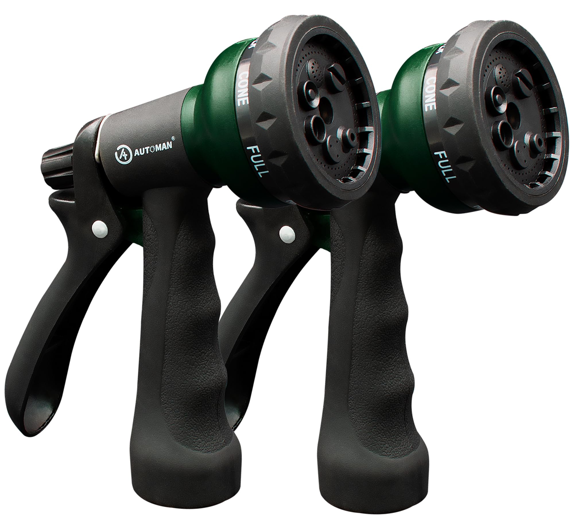 AUTOMAN garden nozzle showing seven pattern options for versatile watering